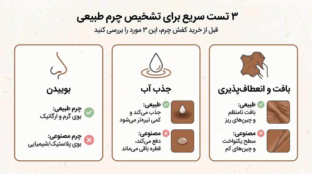 چرم طبیعی یا مصنوعی؟ راهنمای کامل تشخیص جنس کفش قبل از خرید
