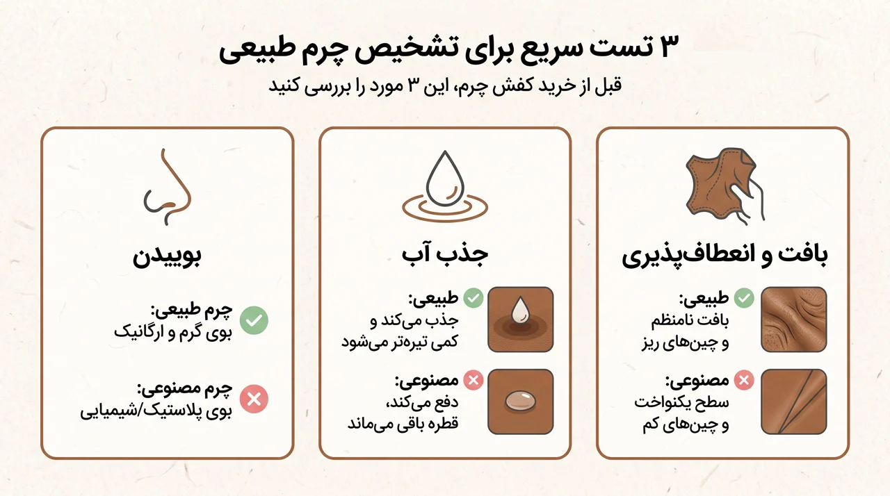چرم طبیعی یا مصنوعی؟ راهنمای کامل تشخیص جنس کفش قبل از خرید